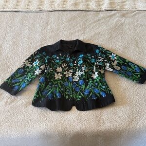 SilkLand Black Blazer with Blue and White Floral Accents Large